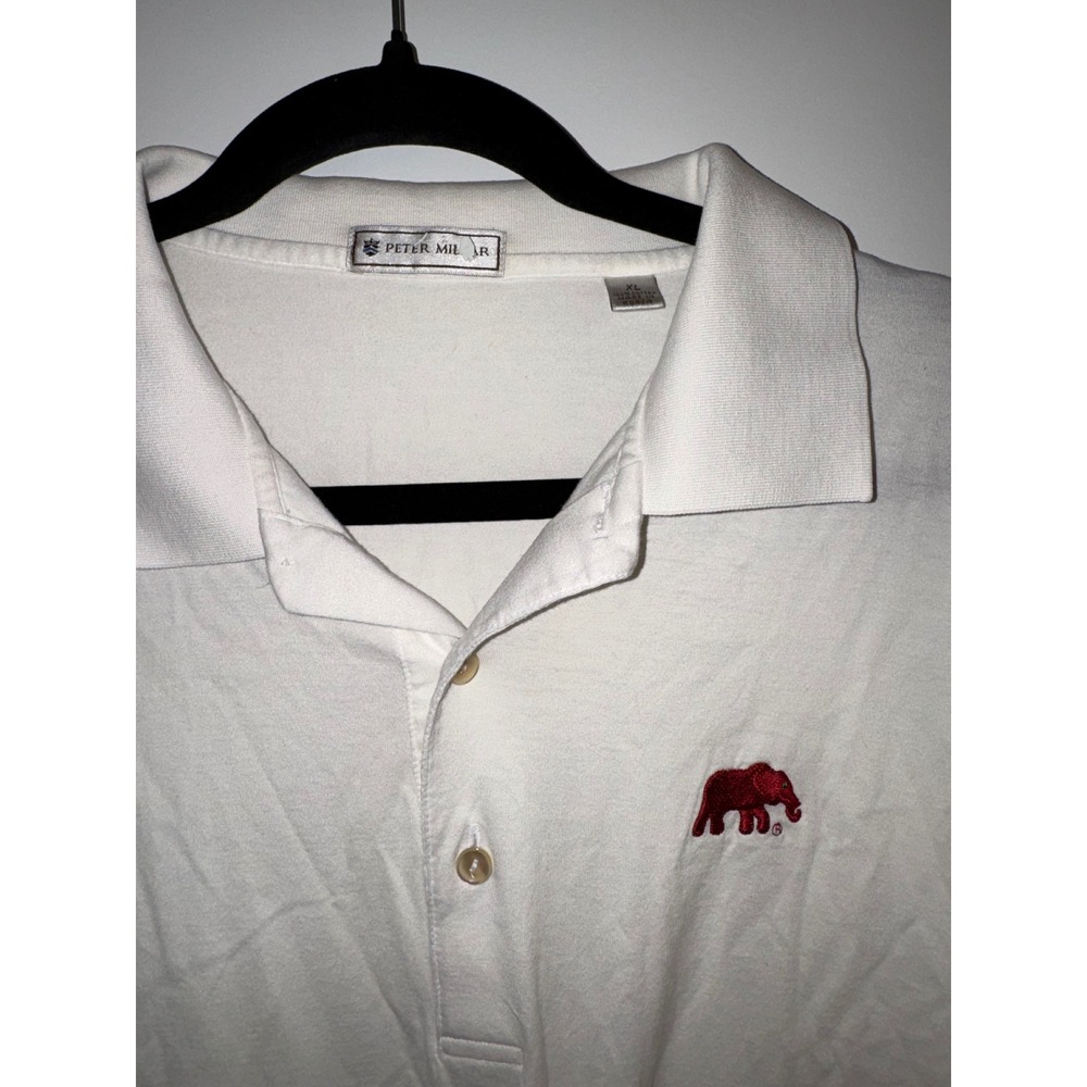 Peter Millar Mens XL White Short Sleeve Polo Shirt Alabama elephant Logo Cotton